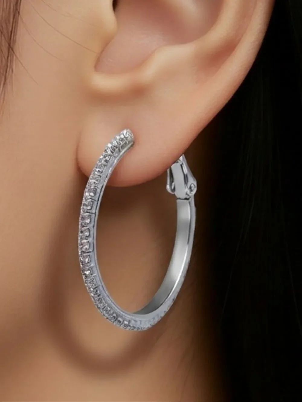 Silver CZ Pavé Hoop Earrings 38mm Leverback Sparkle Quiet Luxury Glam Crystal